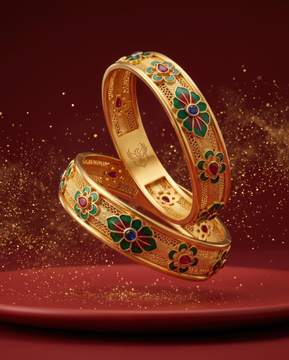 Luxury gold bangles on marble with rose petals google gemini prompt