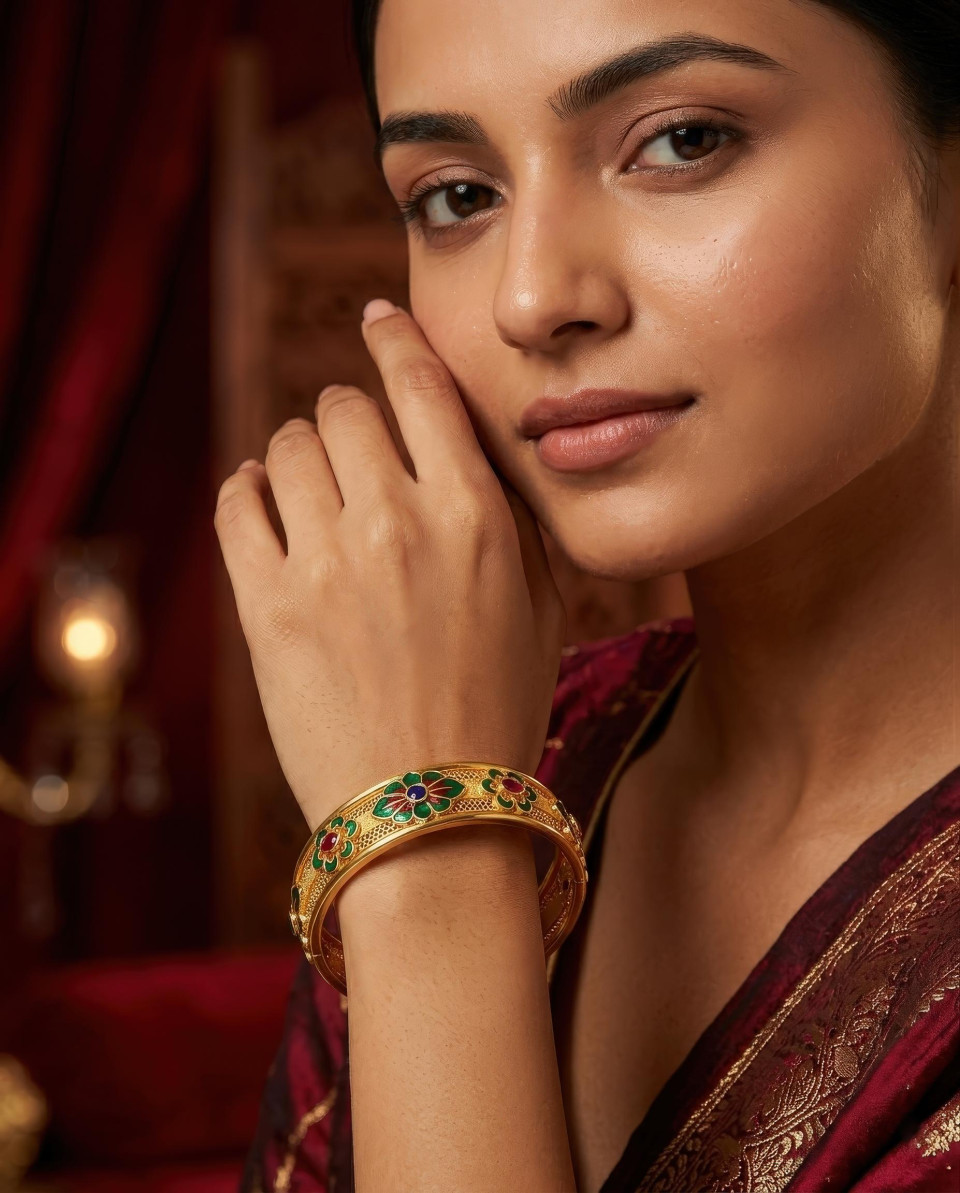 Elegant woman wearing gold bangles luxury portrait google gemini prompt