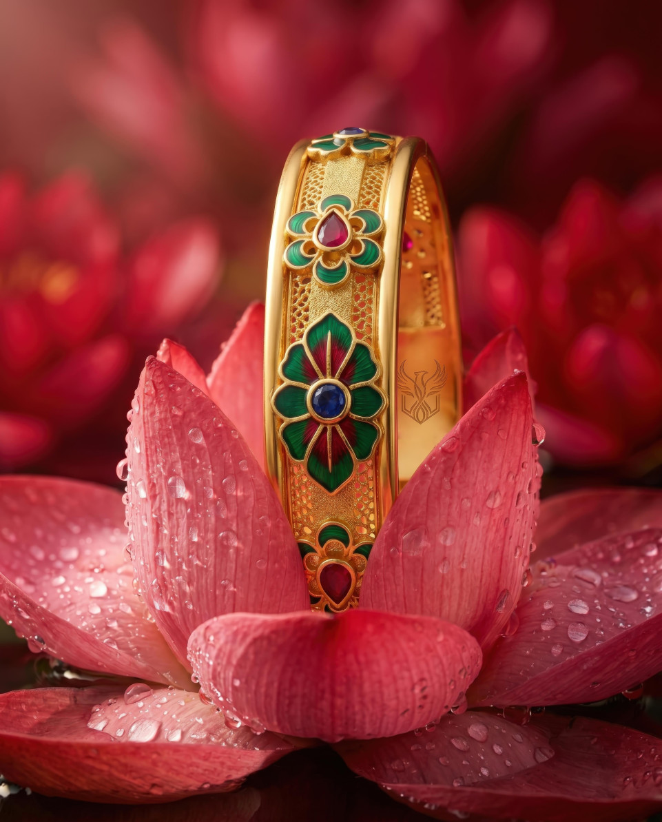Surreal gold bangles emerging from lotus petals google gemini prompt