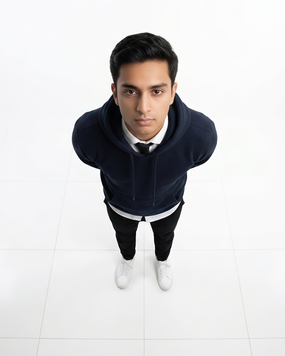 Ultra realistic studio portrait overhead streetwear pose google gemini prompt