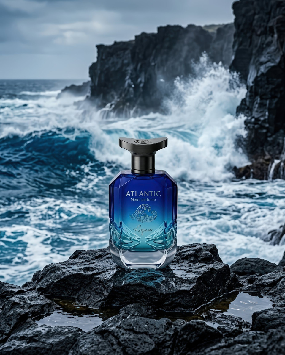Mens perfume on volcanic rock by ocean google gemini prompt