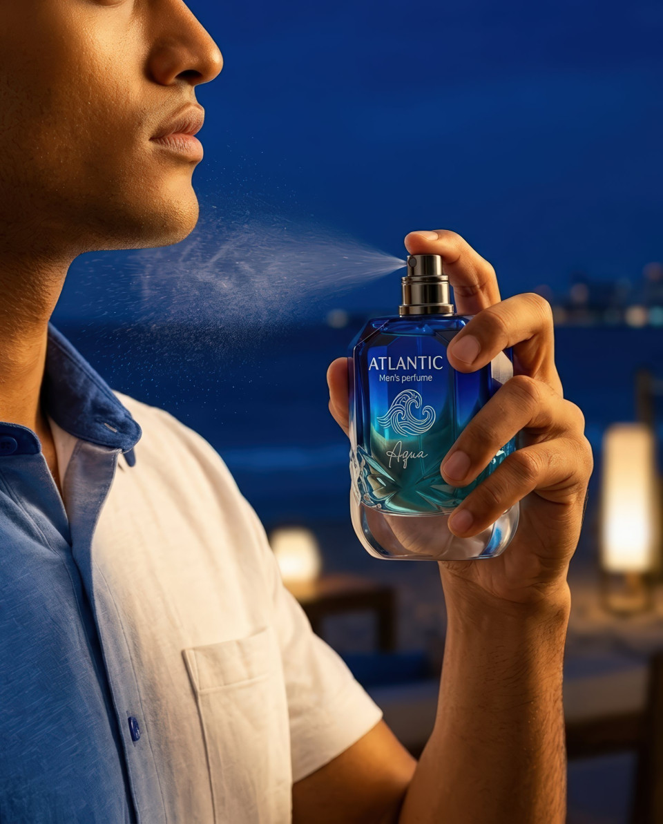 Man spraying perfume on beach at night google gemini prompt