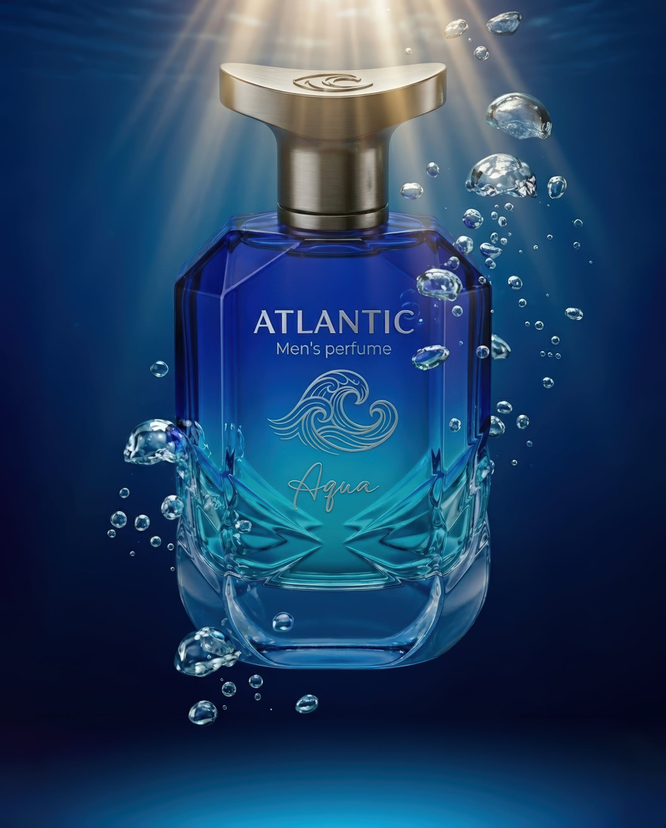 Luxury mens perfume floating underwater blue scene google gemini prompt