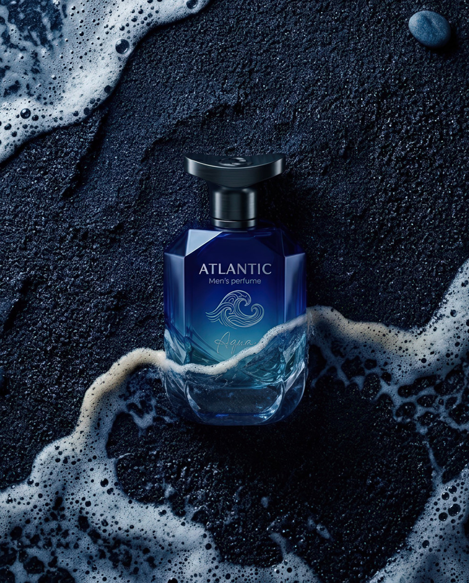 Luxury perfume bottle on wet sand shore google gemini prompt