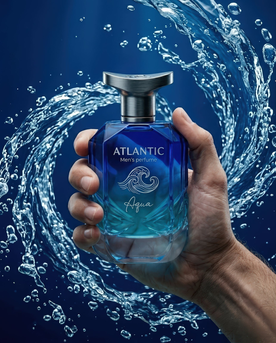 Mens perfume bottle underwater with hand grip google gemini prompt