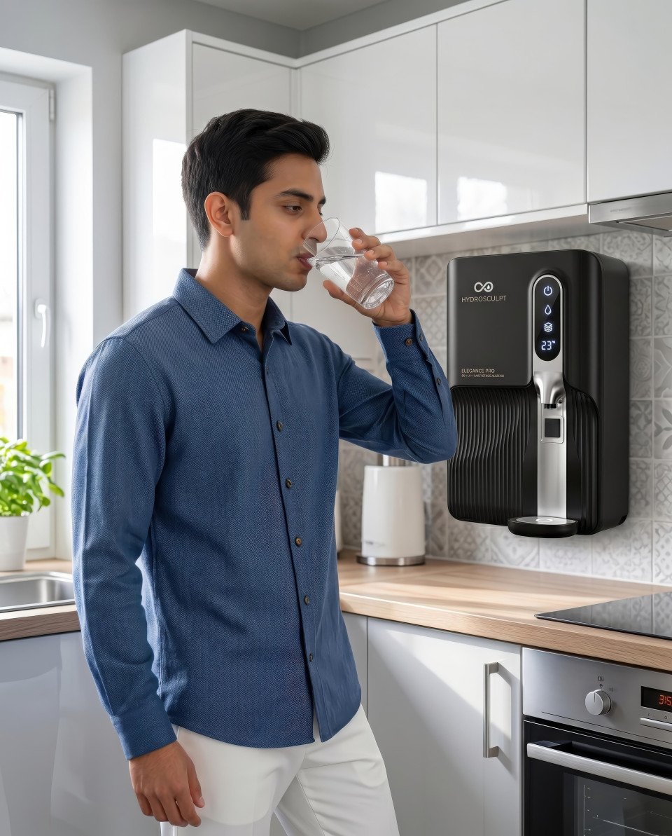 Young man drinking water in bright modern kitchen google gemini prompt