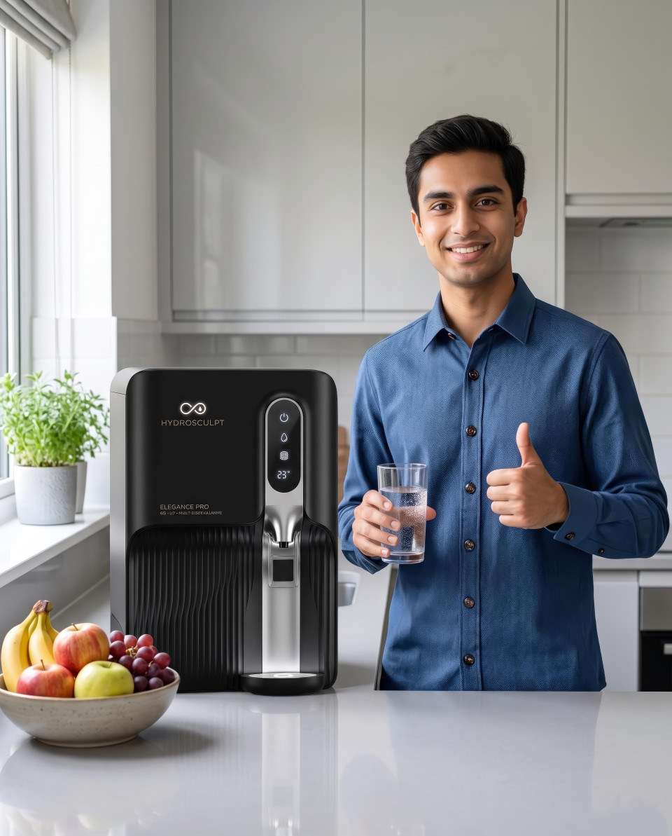 Smiling young man holding water glass in kitchen google gemini prompt