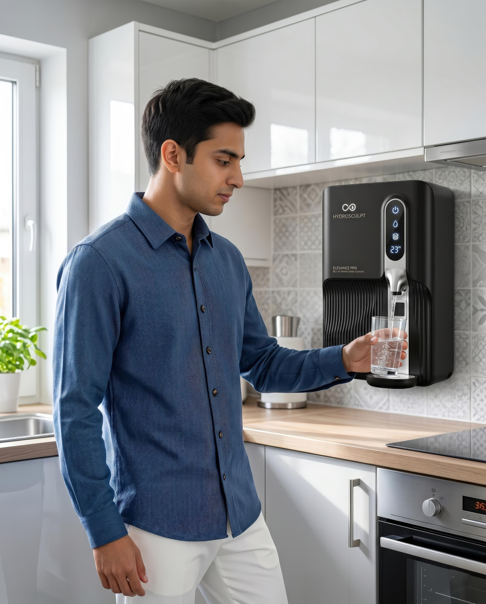 Young man filling glass from modern water purifier google gemini prompt
