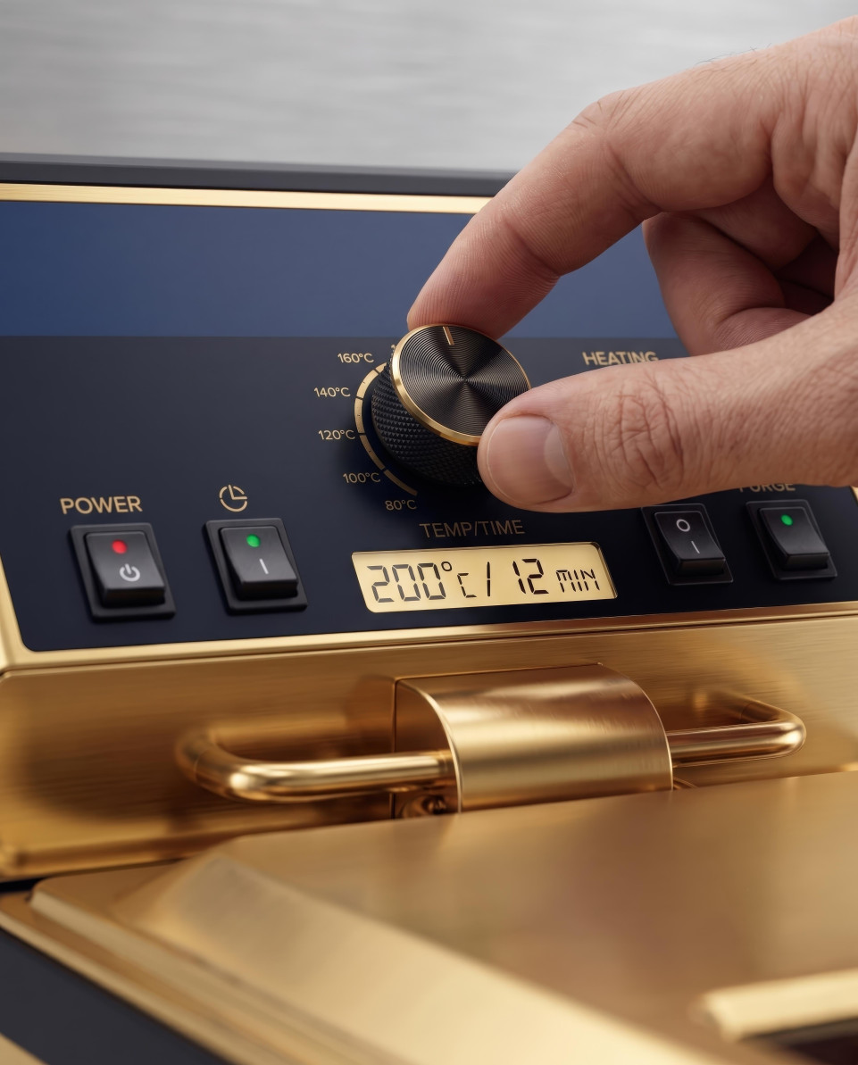 Gold air fryer control panel macro technical close up google gemini prompt