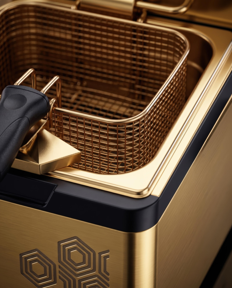 Luxury gold air fryer basket mesh macro detail google gemini prompt