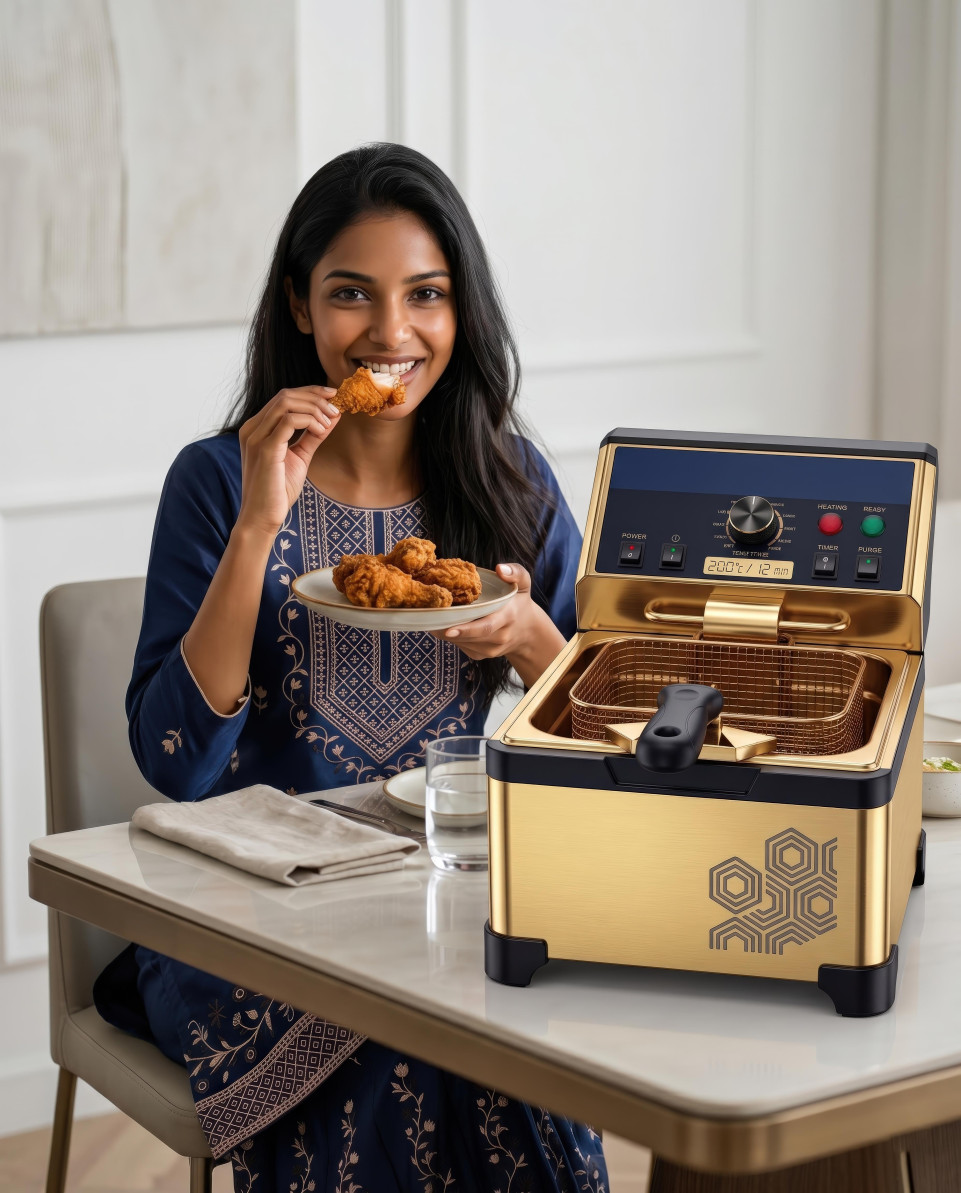 Woman eating crispy chicken near gold air fryer google gemini prompt