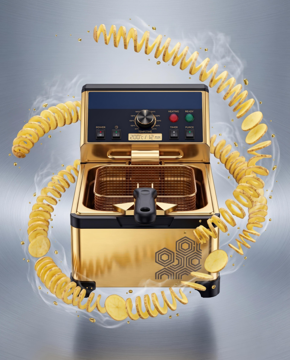 Futuristic gold air fryer with floating potato spirals google gemini prompt