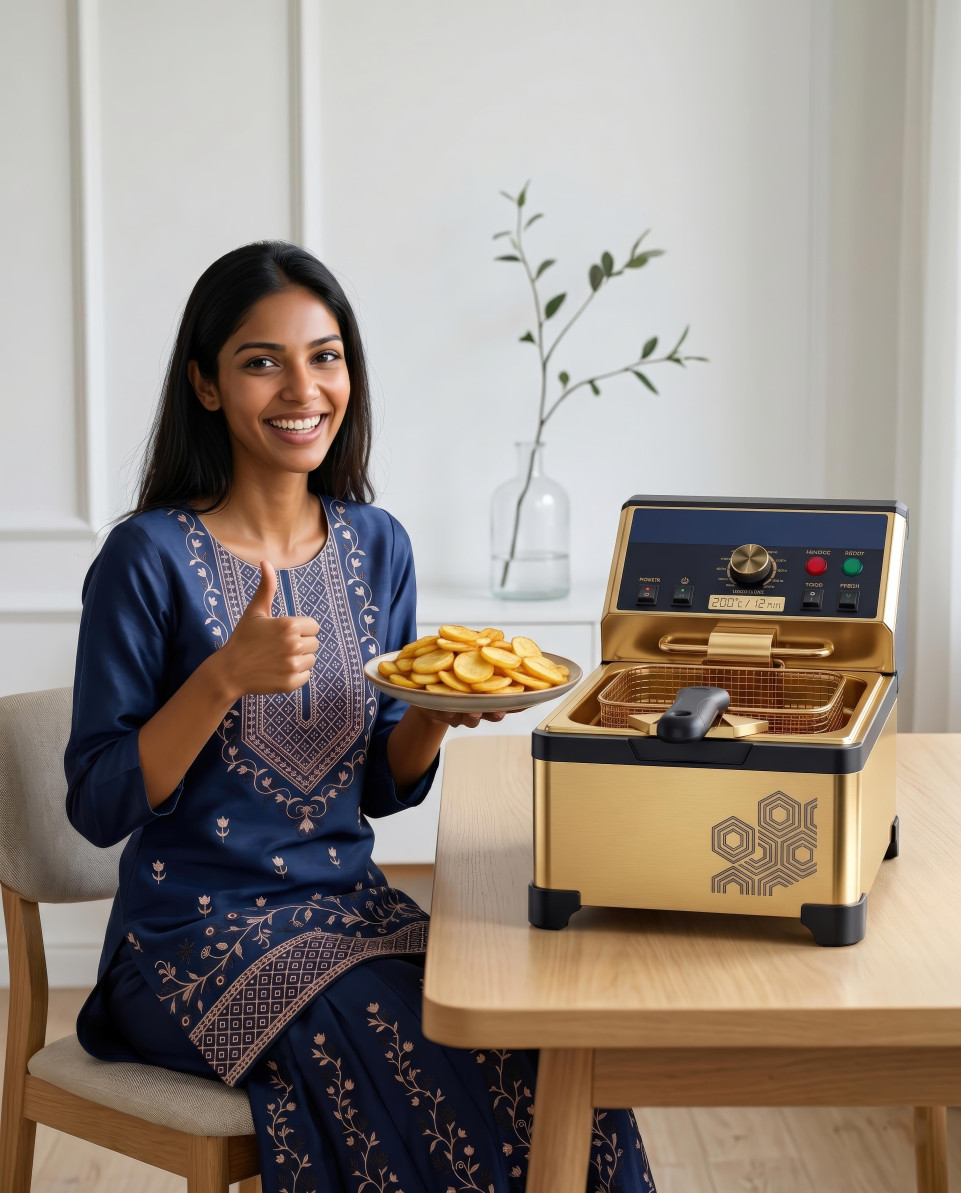 Woman enjoying fries with modern gold air fryer google gemini prompt