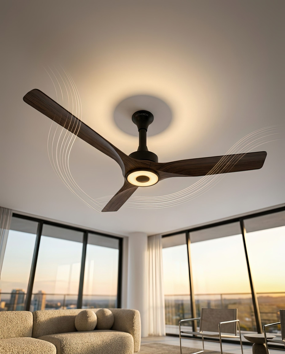 Luxury smart ceiling fan in modern penthouse interior google gemini prompt