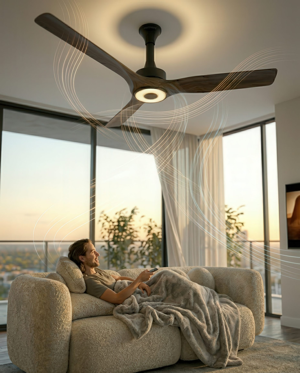 Smart ceiling fan above cozy living room tv viewing scene google gemini prompt