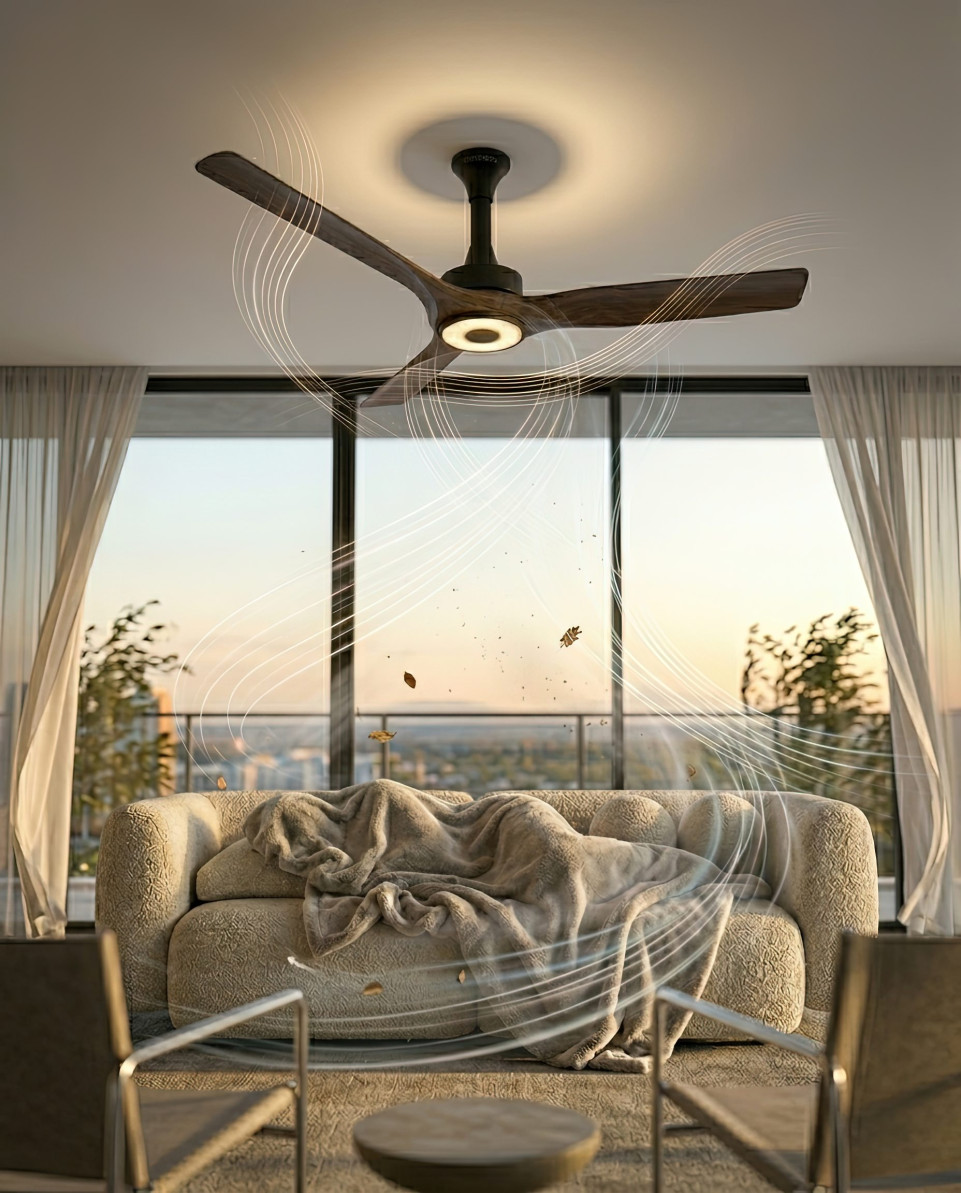 Smart ceiling fan cooling sleeping person in luxury living room google gemini prompt