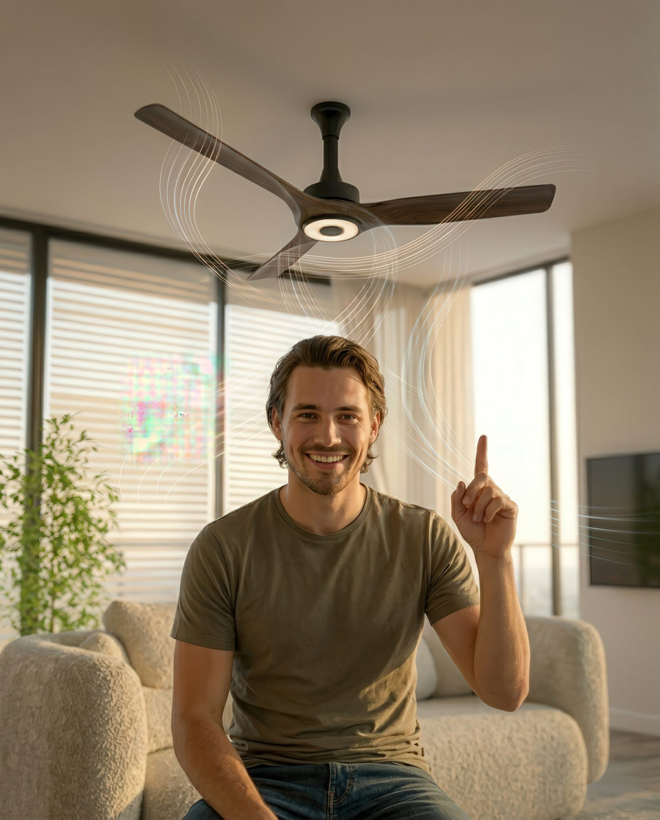 Happy homeowner enjoying smart ceiling fan comfort indoors google gemini prompt