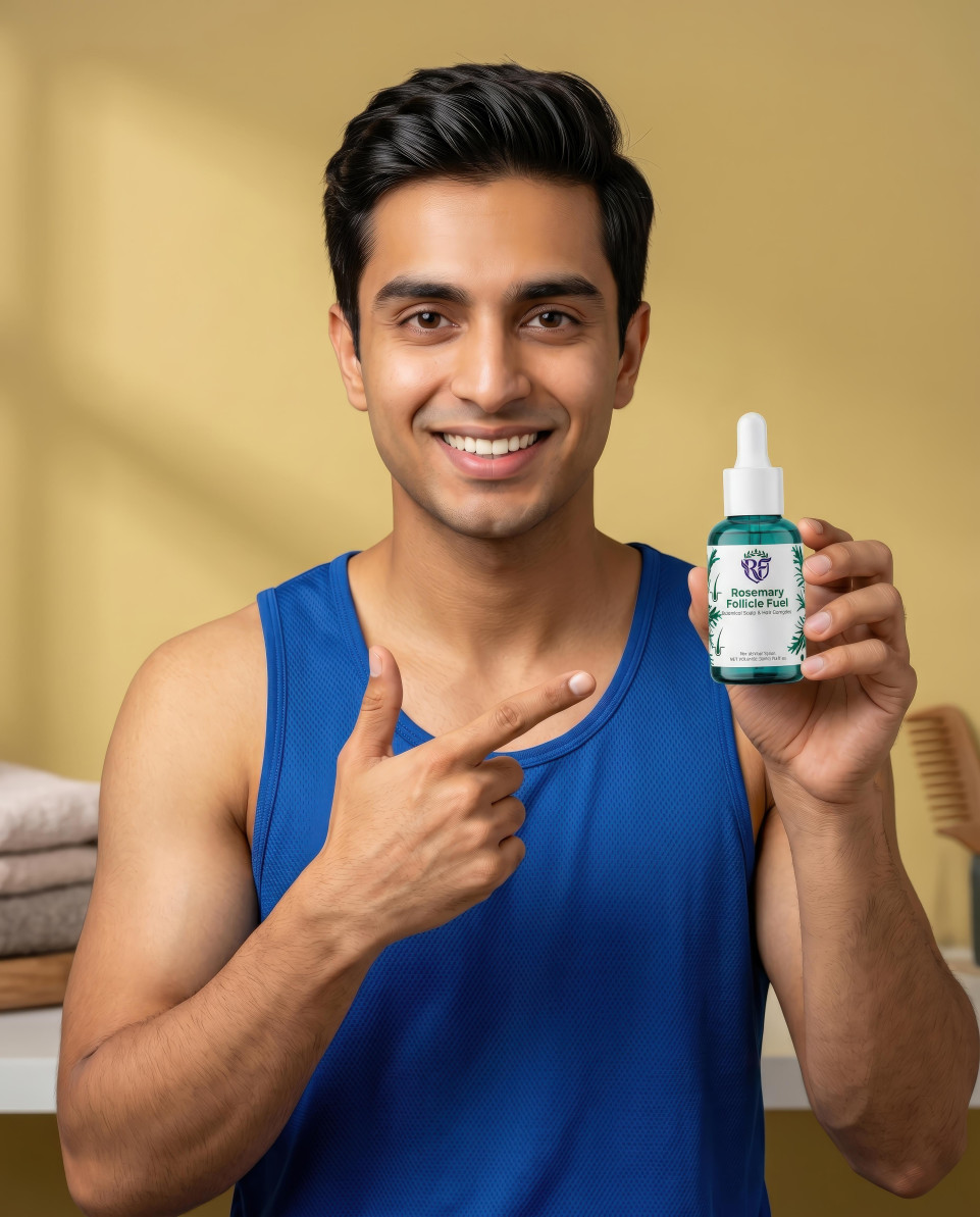 Smiling man holding hair growth serum product google gemini prompt
