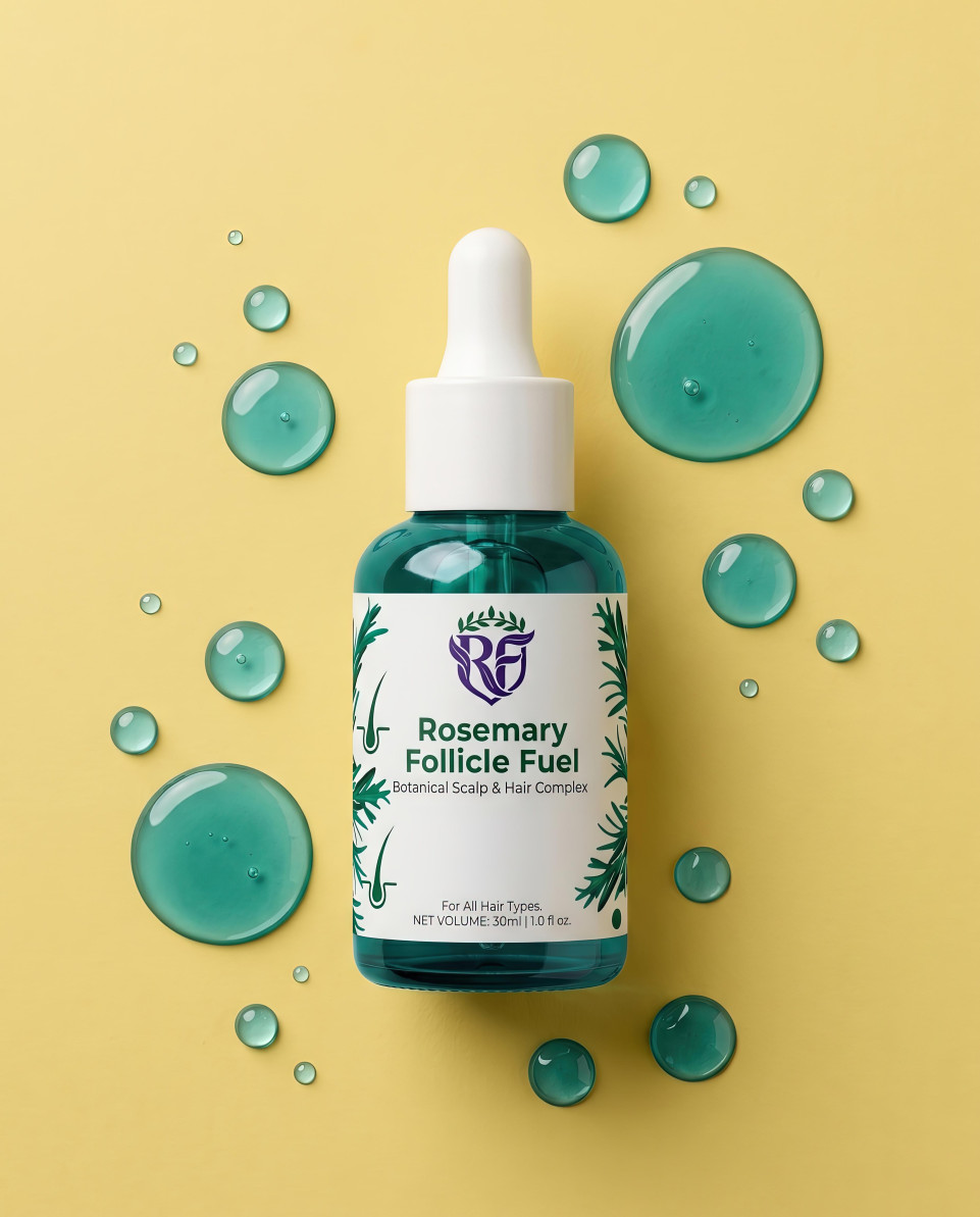 Hair serum flat lay with hydrating droplets google gemini prompt
