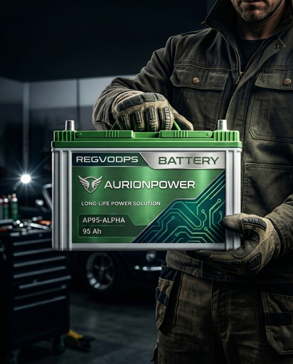 Mechanic holding automotive battery in industrial garage google gemini prompt