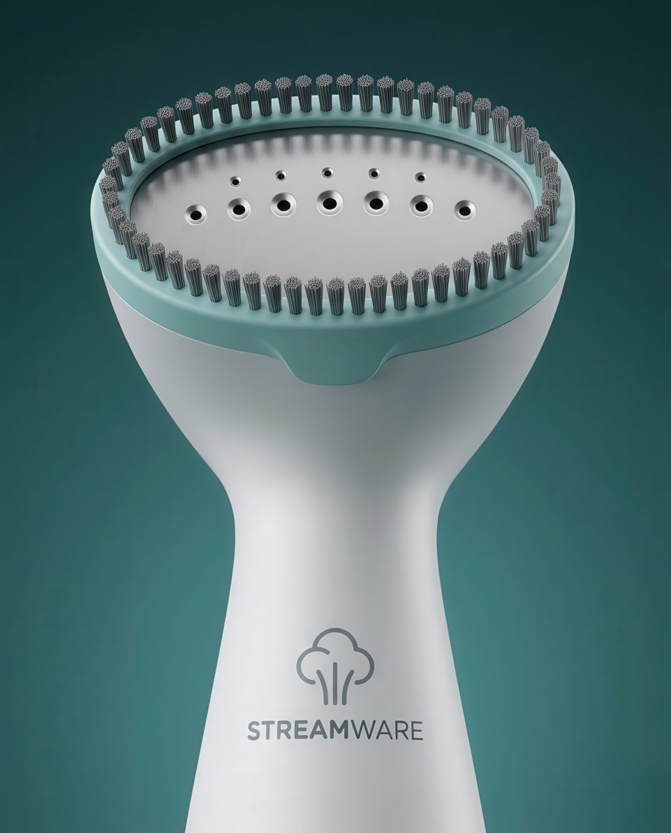 Macro garment steamer detail on deep teal studio background google gemini prompt