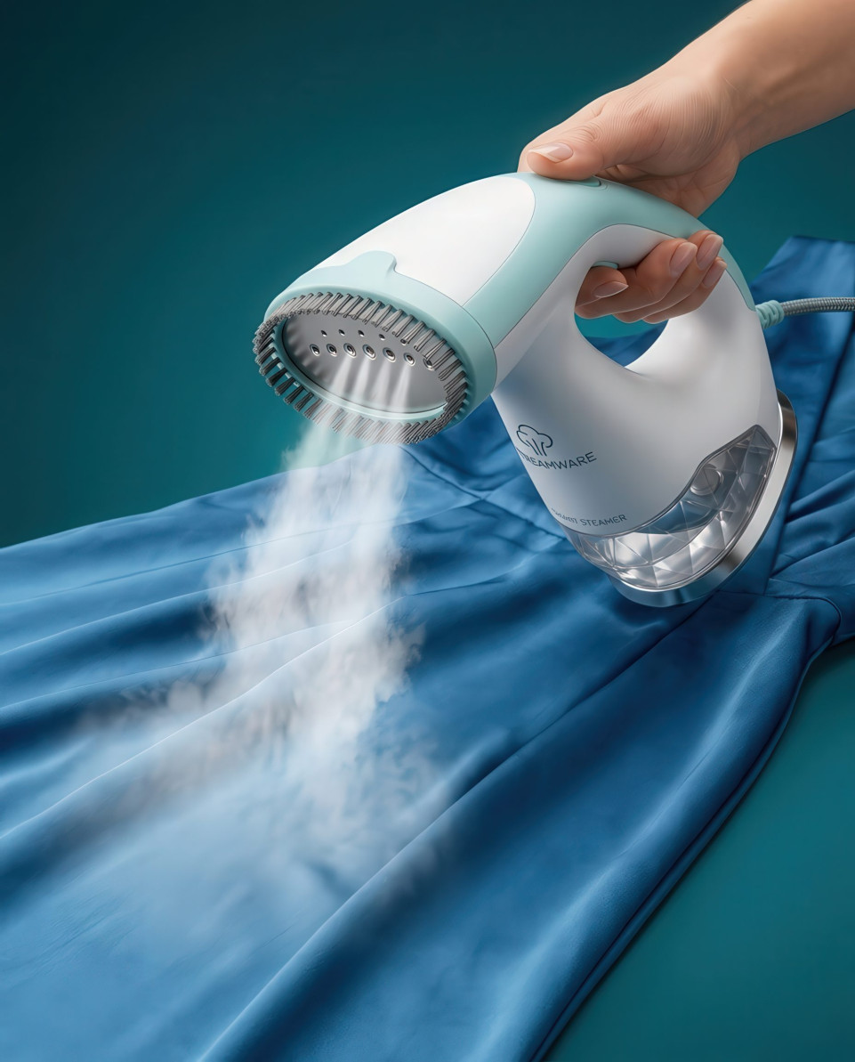 Garment steamer smoothing satin fabric with powerful steam google gemini prompt