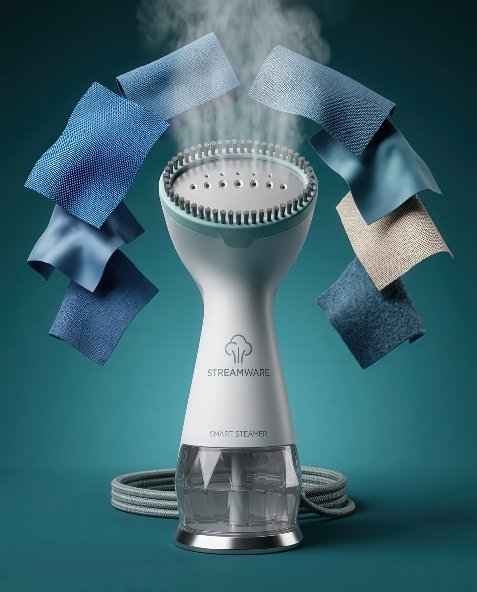Garment steamer with floating fabric samples and steam google gemini prompt