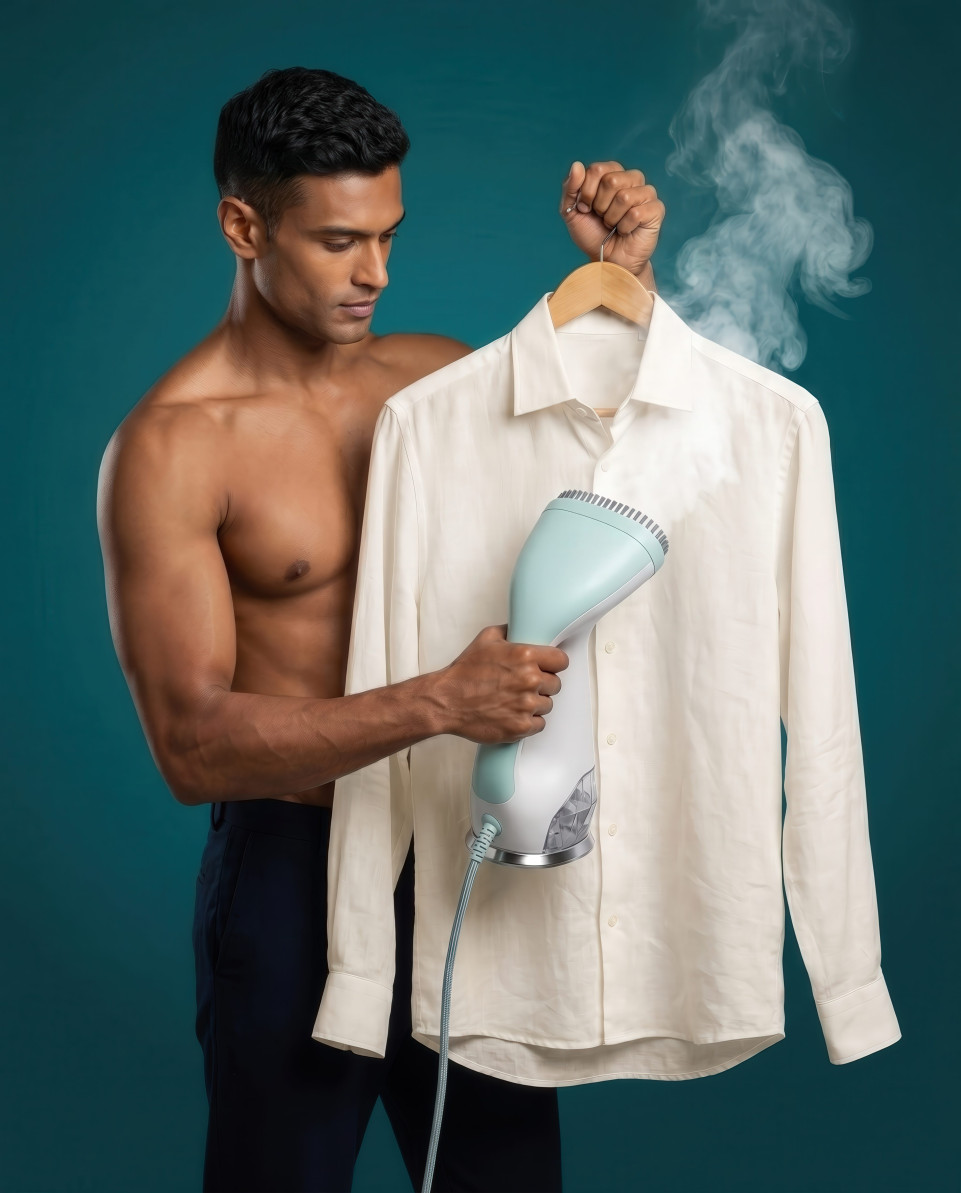 Man steaming white linen shirt with portable garment steamer google gemini prompt