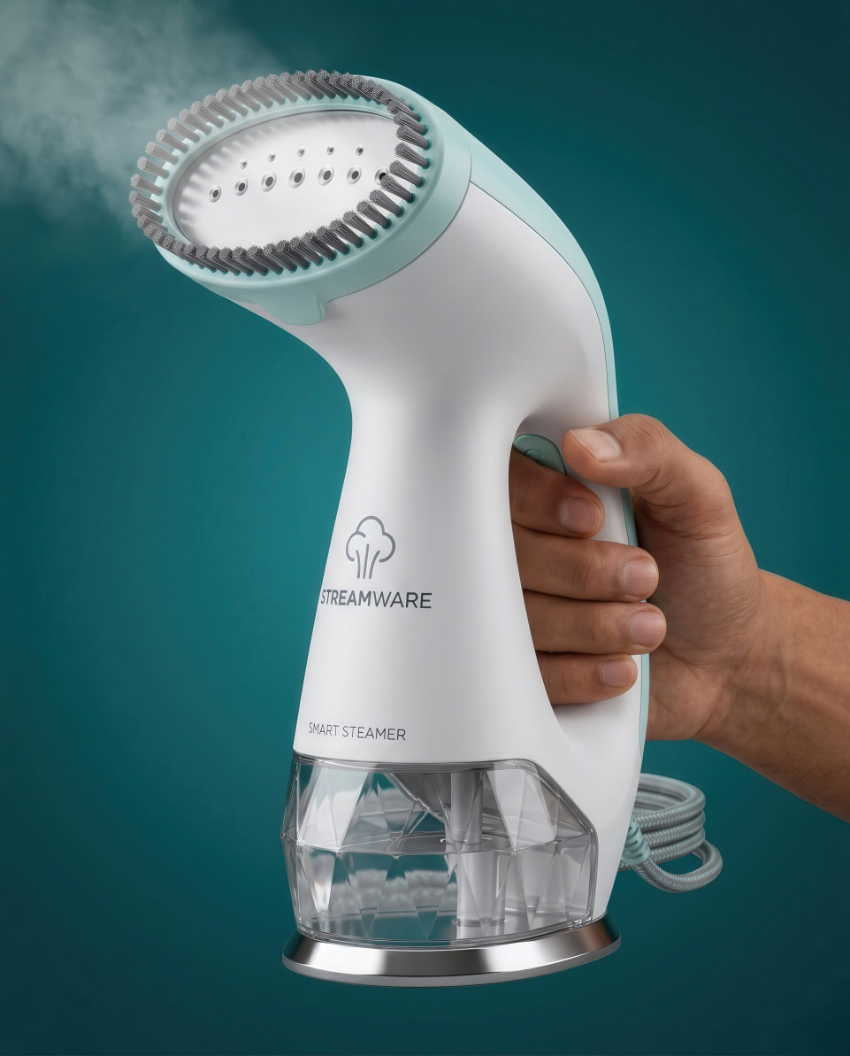Hand holding compact garment steamer with visible steam google gemini prompt