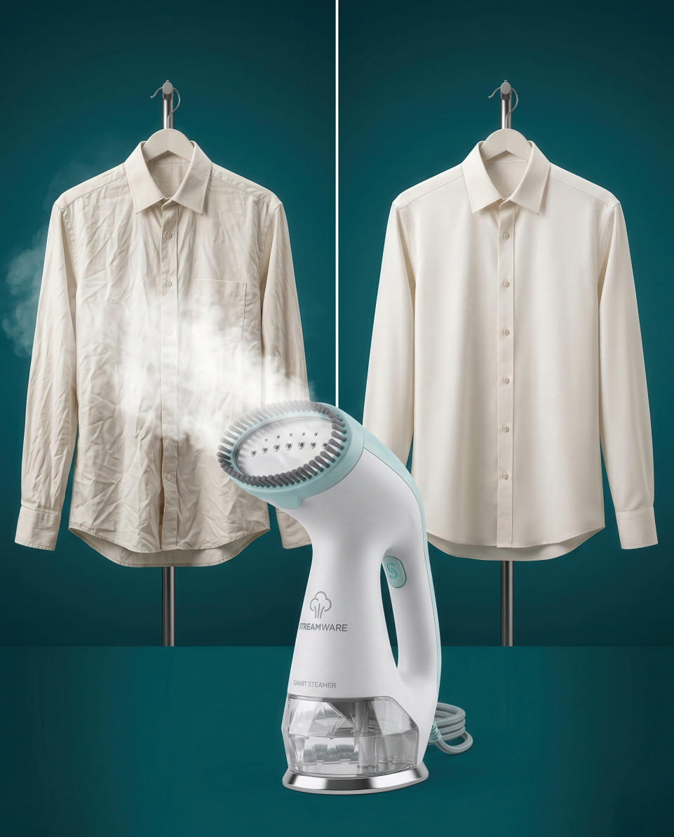 Garment steamer before and after wrinkle removal comparison google gemini prompt