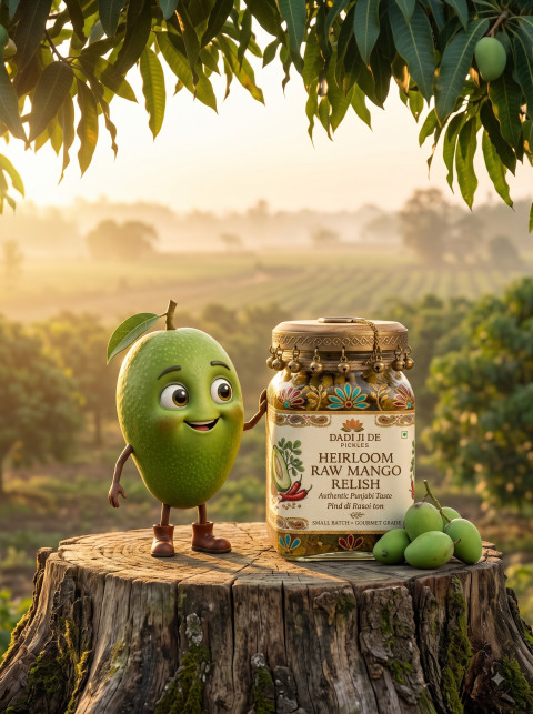 3D Character Mascot Food Advertising Prompt Cute Mango Mascot Beside Pickle Jar