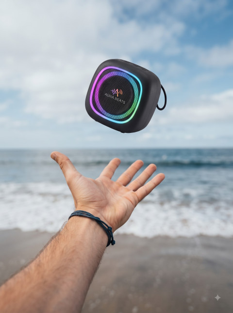 Action Lifestyle Product Photography Prompt Floating Portable Speaker Tossed Over Beach Shore