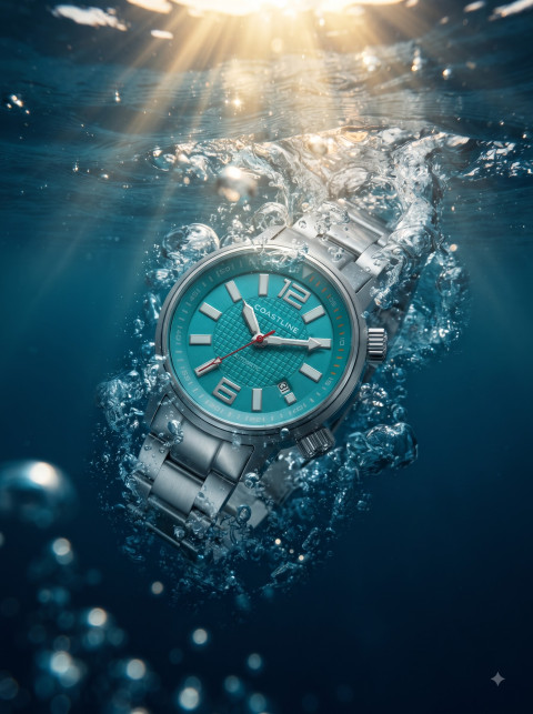 Action Product Photography Prompt Submerged Diver Watch with Air Bubbles