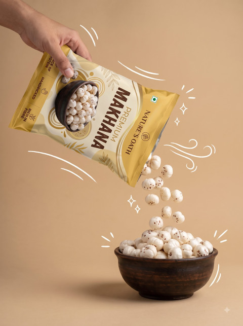 Action Snack Food Product Photography Prompt Pouring Makhana into Clay Bowl