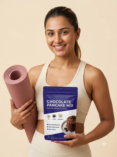 Active Woman Holding Pancake Mix and Yoga Mat