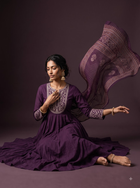 Anarkali Suit AI Campaign Product Photography Prompt Flowing Dupatta Pose