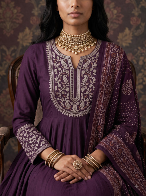 AI Royal Purple Anarkali Suit Photography Prompts & Editorial Studio Collection - Angle 3