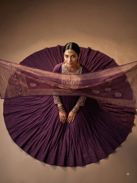 Anarkali Suit AI High-Angle Editorial Photography Prompt Umbrella Flare