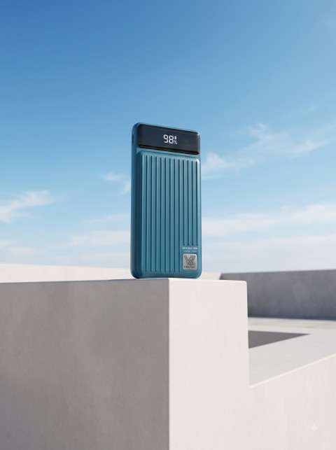 Architectural Product Photography Prompt Blue Power Bank on Minimal Concrete Plinth