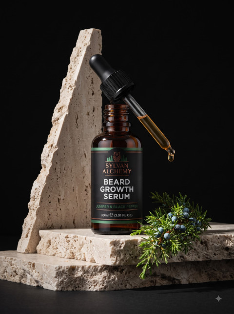Architectural Travertine Beard Serum AI Product Photography Prompt Golden Dropper Action
