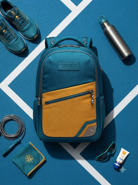 Athletic Backpack Flat Lay on Blue Tennis Court