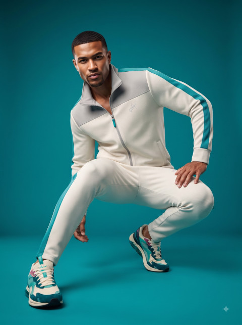 Athletic Crouching Male Model in Track Suit Shot