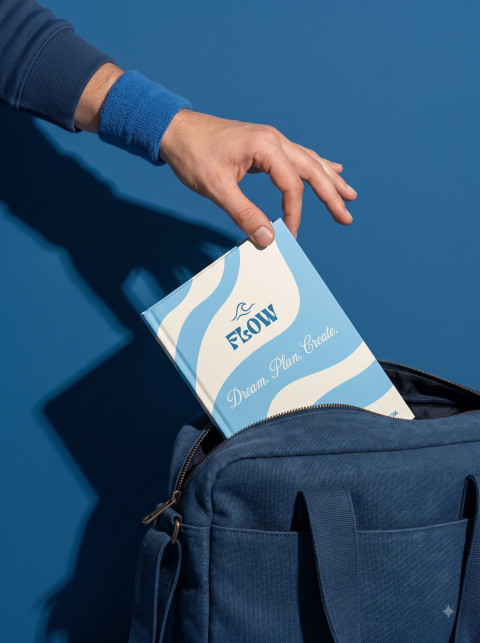 Blue Wave Hardcover Notebook Ecommerce Photoshoot Prompts - Angle 3