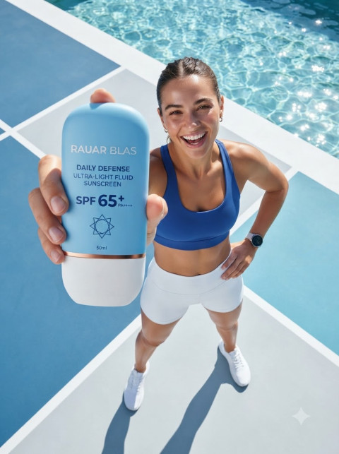 Athletic Model Holding Sunscreen Poolside Setting