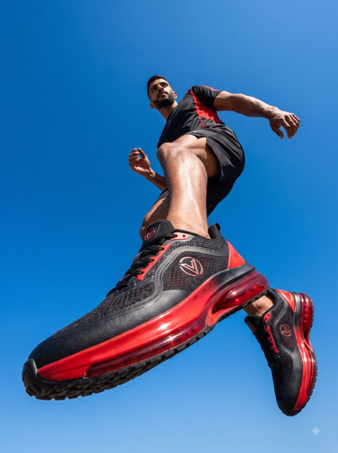 Athletic Shoes Action Shot Low Angle Blue Sky