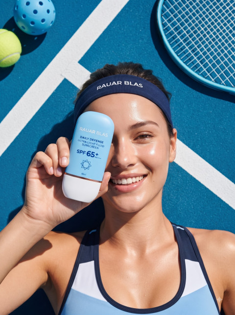 Athletic Woman Holding Sunscreen on Tennis Court