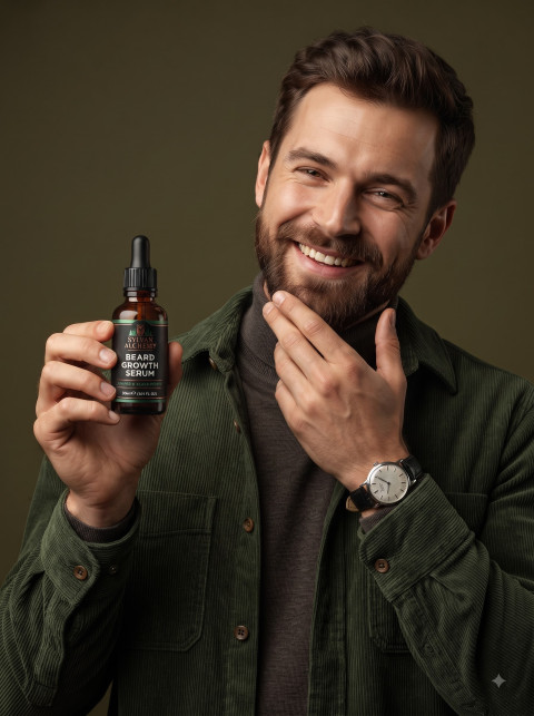 Authentic Men Lifestyle Beard Serum AI Product Photography Prompt Cheerful Beard Portrait