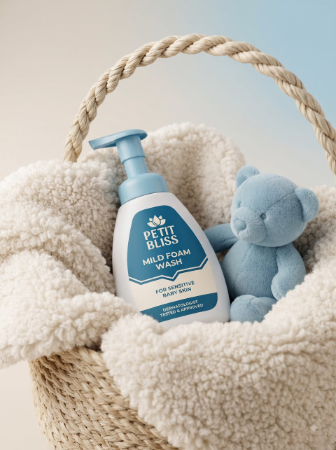 Baby Foam Cleanser AI Product Photography Prompt Sherpa Basket With Plush Bear