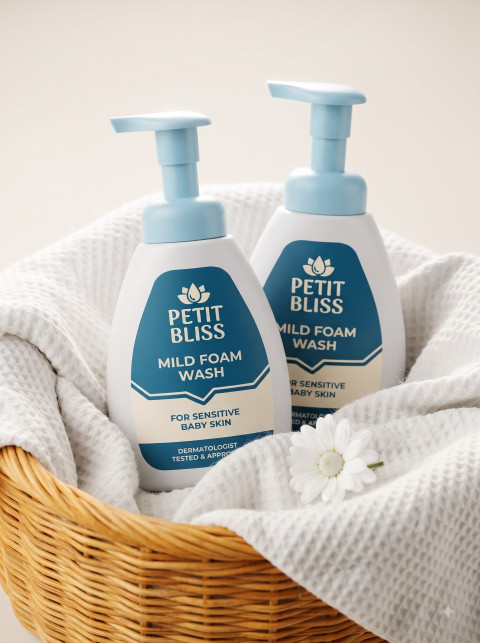 Baby Foam Wash Duo AI Product Photography Prompt Woven Basket Setup