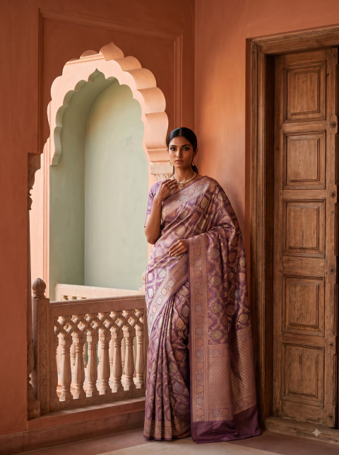 Banarasi Saree AI Architectural Fashion Product Photography Prompt Terracotta Balcony